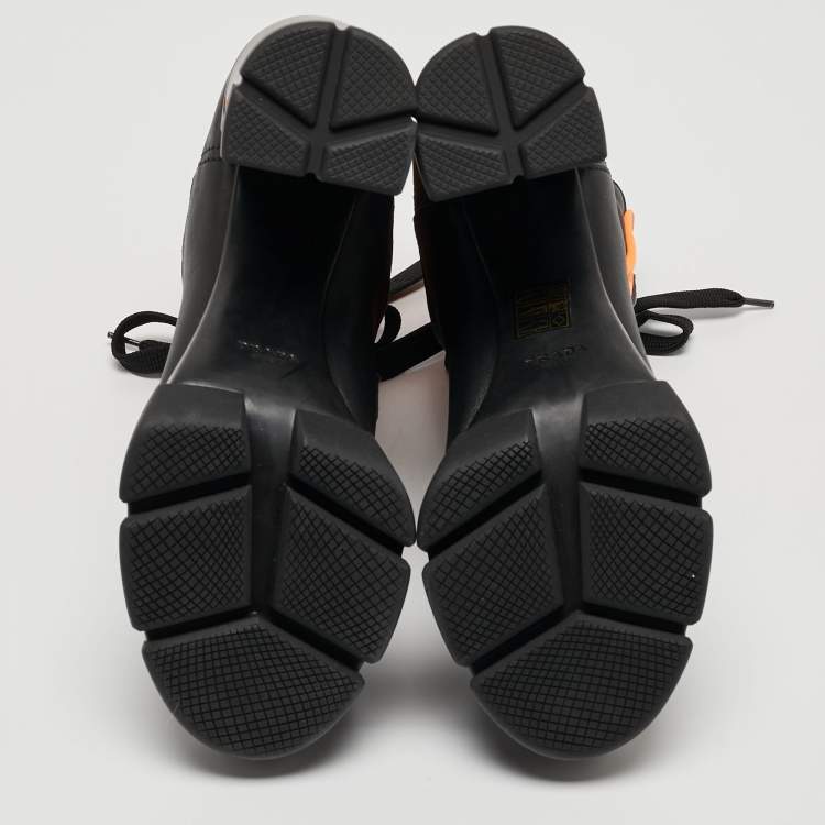 Pre Owned Prada Black/Neon Orange Leather and Neoprene Ankle Boots Size 39.5