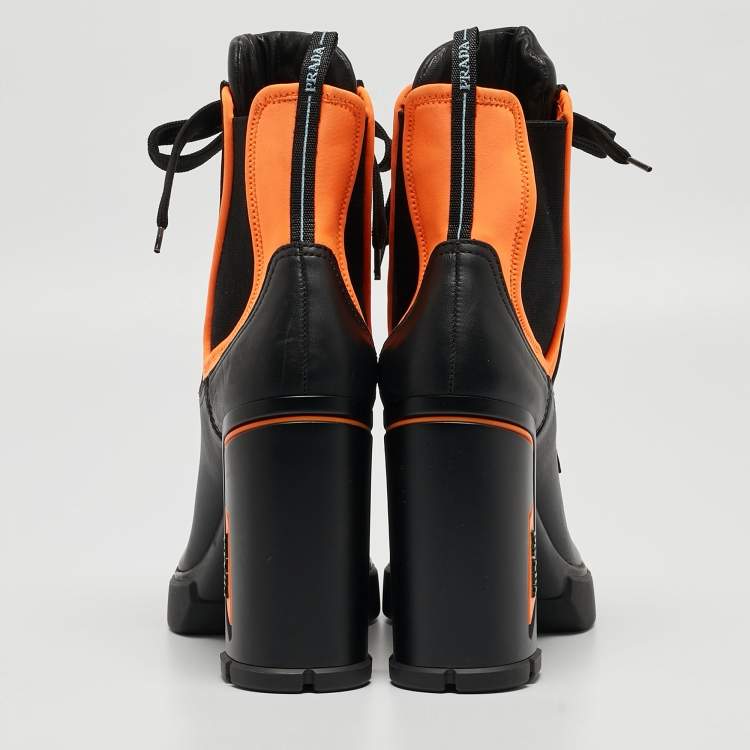 Pre Owned Prada Black/Neon Orange Leather and Neoprene Ankle Boots Size 39.5