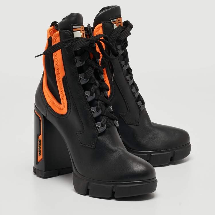 Pre Owned Prada Black/Neon Orange Leather and Neoprene Ankle Boots Size 39.5