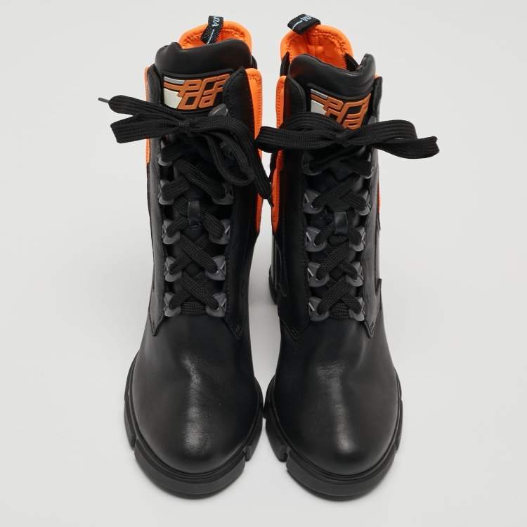 Pre Owned Prada Black/Neon Orange Leather and Neoprene Ankle Boots Size 39.5