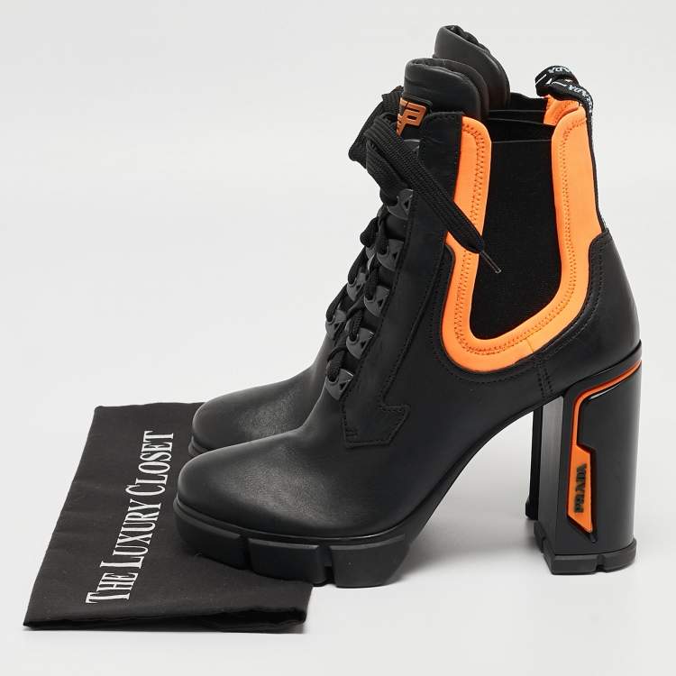 Pre Owned Prada Black/Neon Orange Leather and Neoprene Ankle Boots Size 39.5