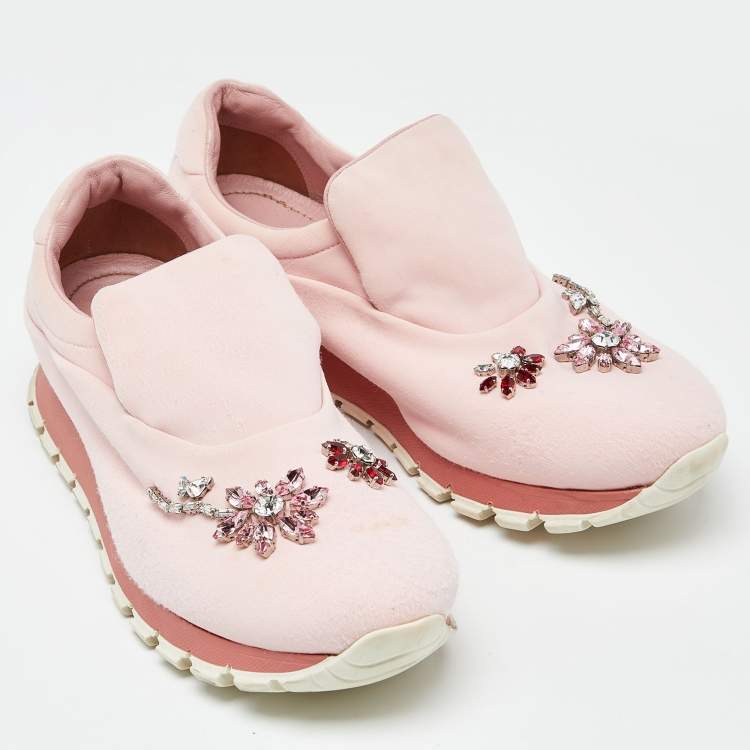 Pre Owned Prada Pink Neoprene Crystal Embellished Slip On Sneakers Size 39