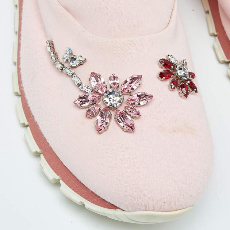 Pre Owned Prada Pink Neoprene Crystal Embellished Slip On Sneakers Size 39