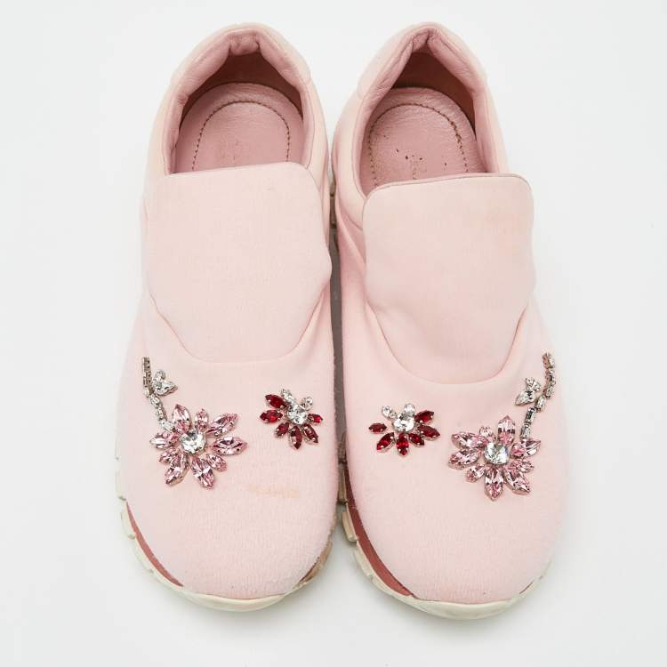 Pre Owned Prada Pink Neoprene Crystal Embellished Slip On Sneakers Size 39