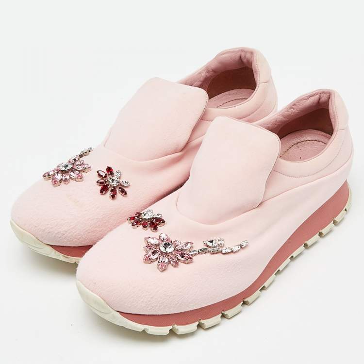 Pre Owned Prada Pink Neoprene Crystal Embellished Slip On Sneakers Size 39