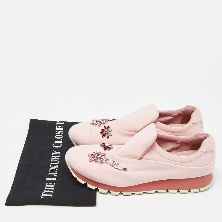 Pre Owned Prada Pink Neoprene Crystal Embellished Slip On Sneakers Size 39