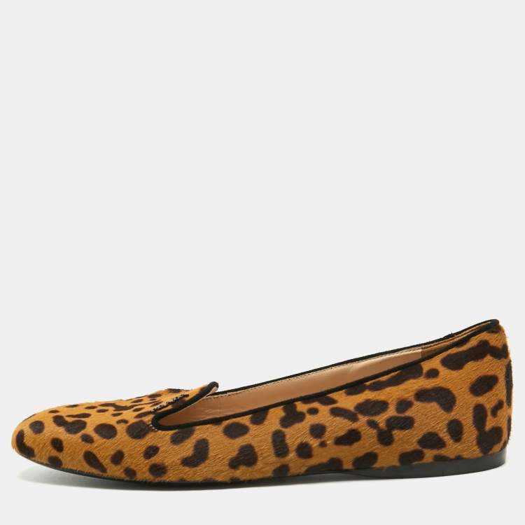 Pre Owned Prada Beige/Brown Animal Print Calf Hair Smoking Slippers Size 39