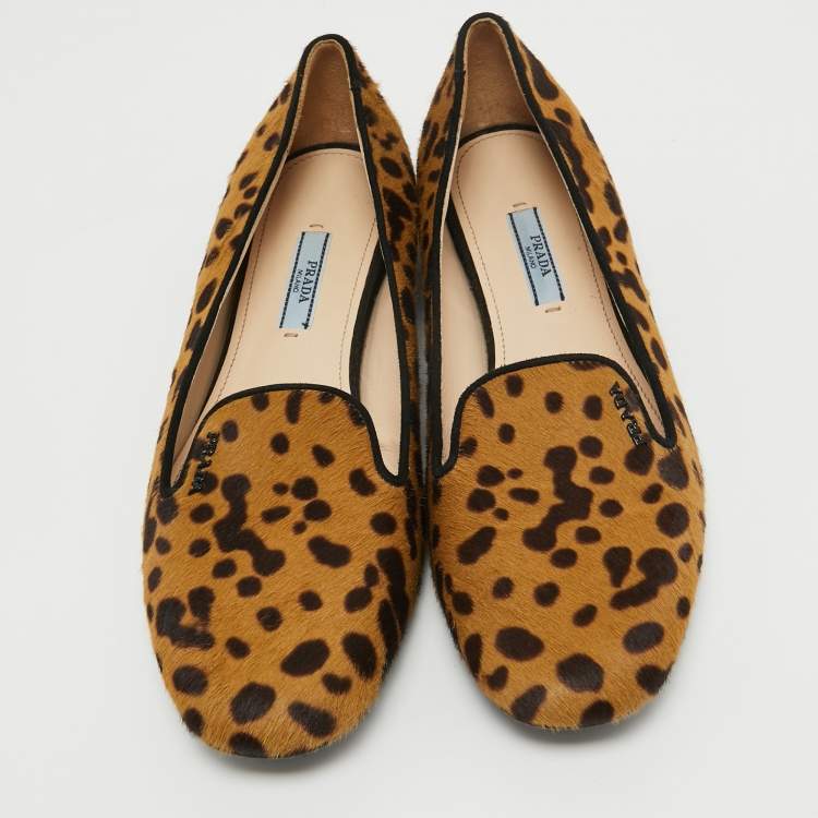 Pre Owned Prada Beige/Brown Animal Print Calf Hair Smoking Slippers Size 39