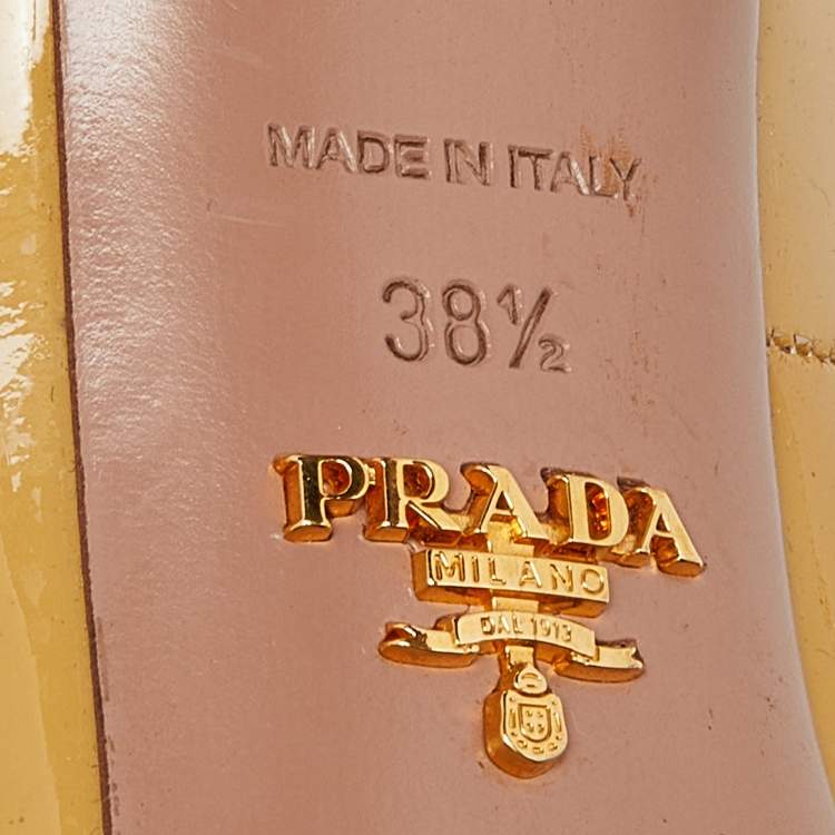 Pre Owned Prada Mustard Patent Leather Peep Toe Pumps Size 38.5