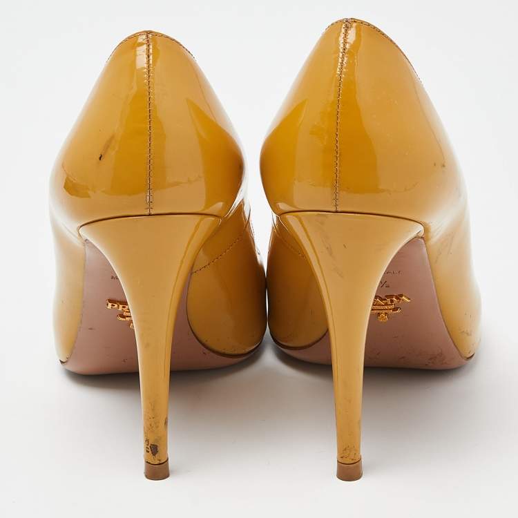 Pre Owned Prada Mustard Patent Leather Peep Toe Pumps Size 38.5