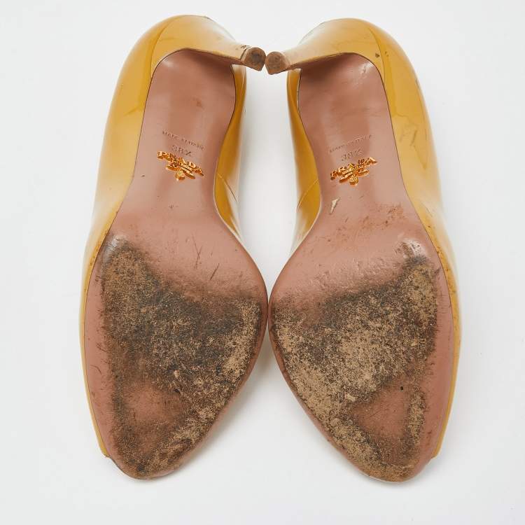 Pre Owned Prada Mustard Patent Leather Peep Toe Pumps Size 38.5