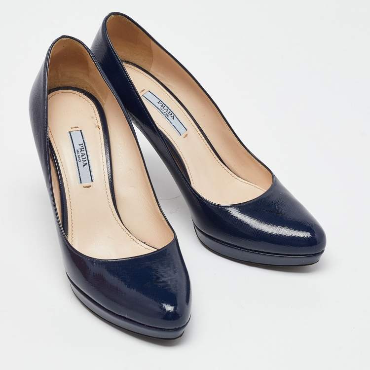 Pre Owned Prada Navy Blue Saffiano Leather Platform Pumps Size 38