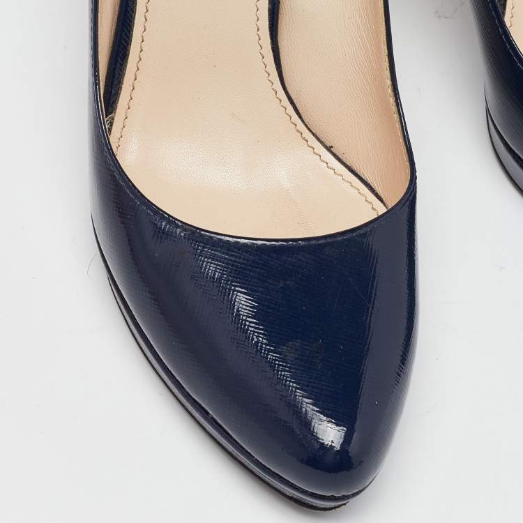 Pre Owned Prada Navy Blue Saffiano Leather Platform Pumps Size 38