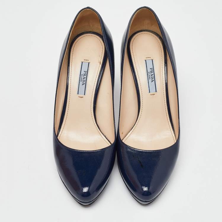 Pre Owned Prada Navy Blue Saffiano Leather Platform Pumps Size 38