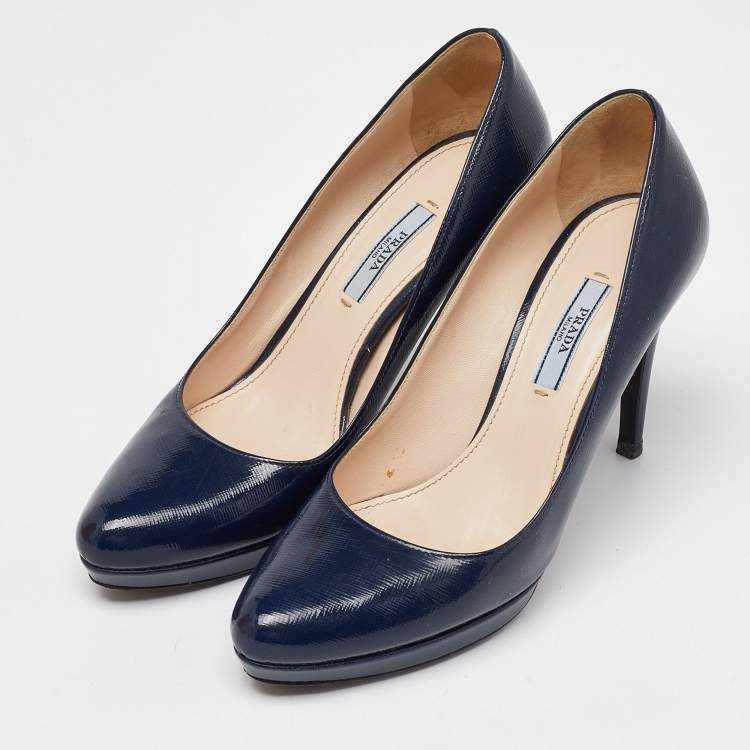 Pre Owned Prada Navy Blue Saffiano Leather Platform Pumps Size 38