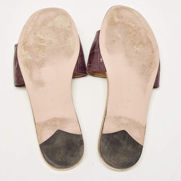 Pre Owned Prada Purple Crocodile Leather Flat Slide Size 39