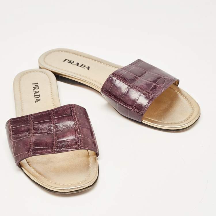 Pre Owned Prada Purple Crocodile Leather Flat Slide Size 39