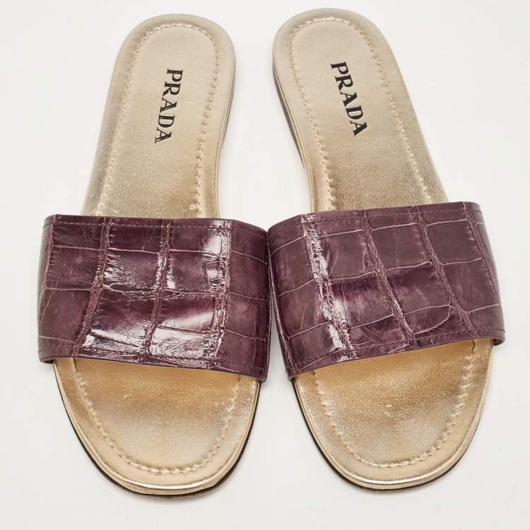 Pre Owned Prada Purple Crocodile Leather Flat Slide Size 39