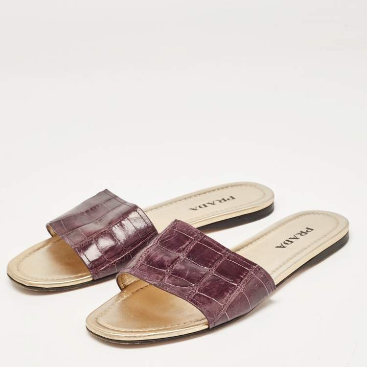 Pre Owned Prada Purple Crocodile Leather Flat Slide Size 39