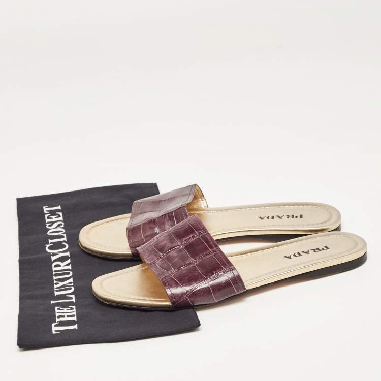 Pre Owned Prada Purple Crocodile Leather Flat Slide Size 39