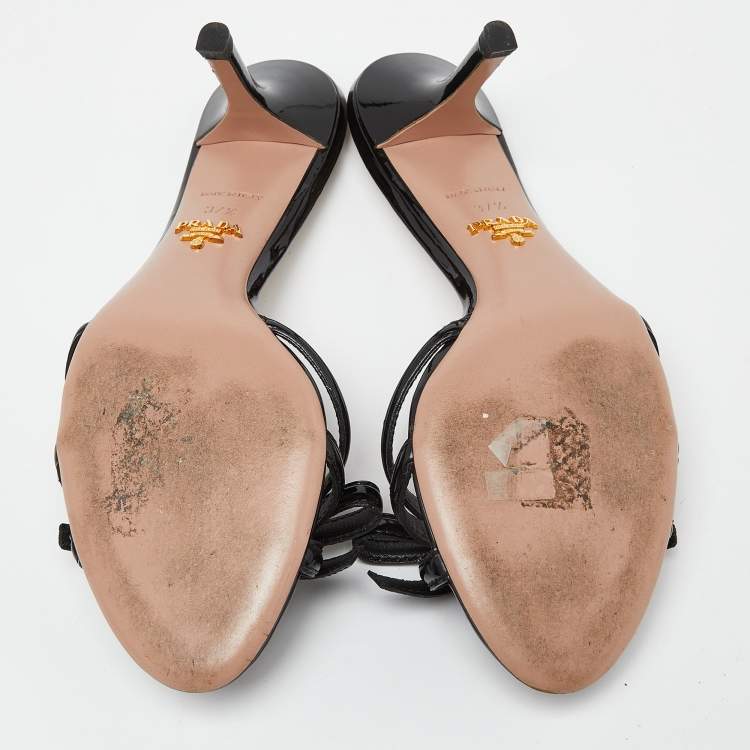 Pre Owned Prada Black Patent Leather Bow Slide Sandals Size 37.5