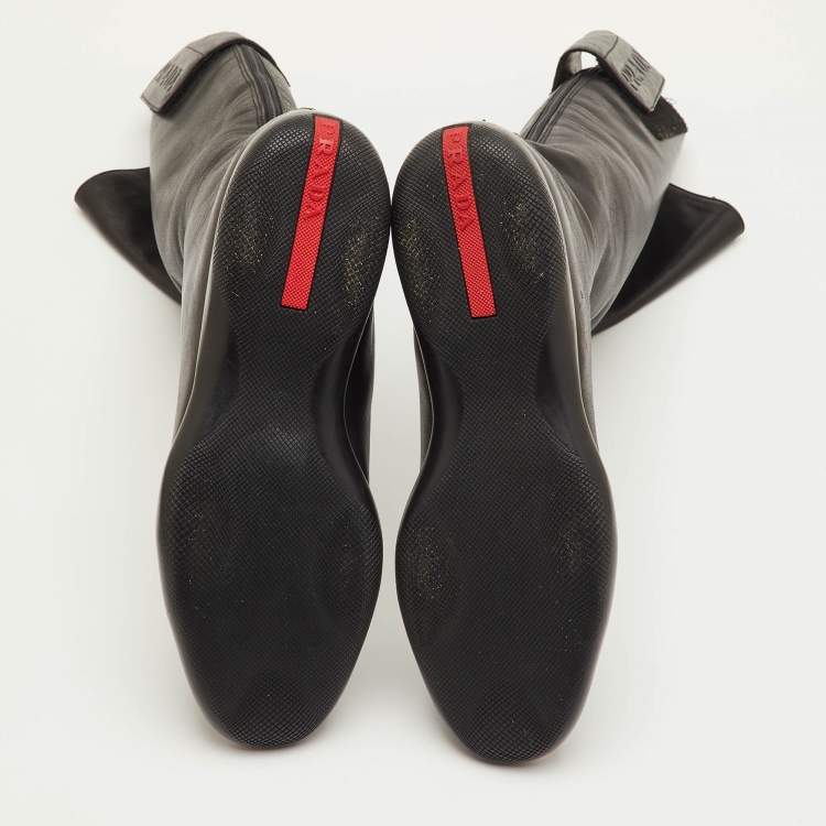 Pre Owned Prada Size 37.5 Black Leather Knee Length Boots 