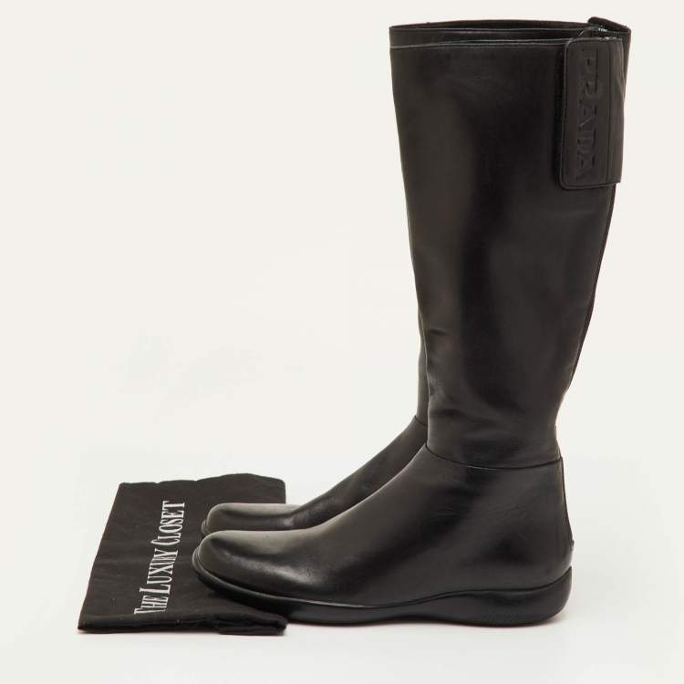 Pre Owned Prada Size 37.5 Black Leather Knee Length Boots 