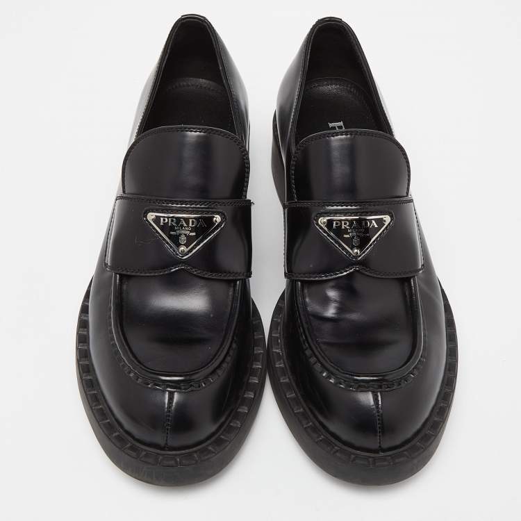 Pre Owned Prada Black Leather Slip On Loafers Size 39