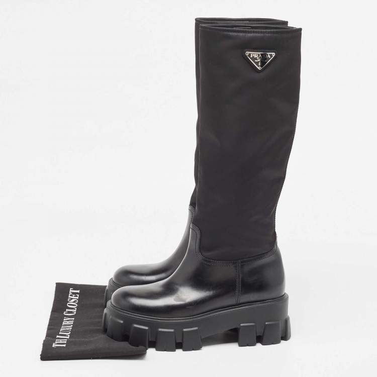 Pre Owned Prada Black Leather and  Nylon Monolith Boots Size 38
