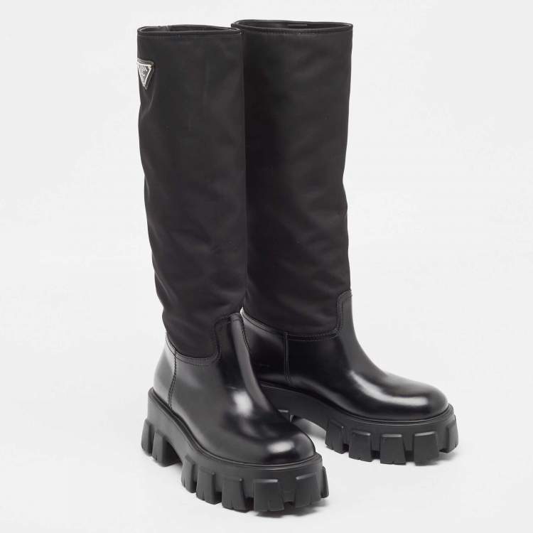 Pre Owned Prada Black Leather and  Nylon Monolith Boots Size 38