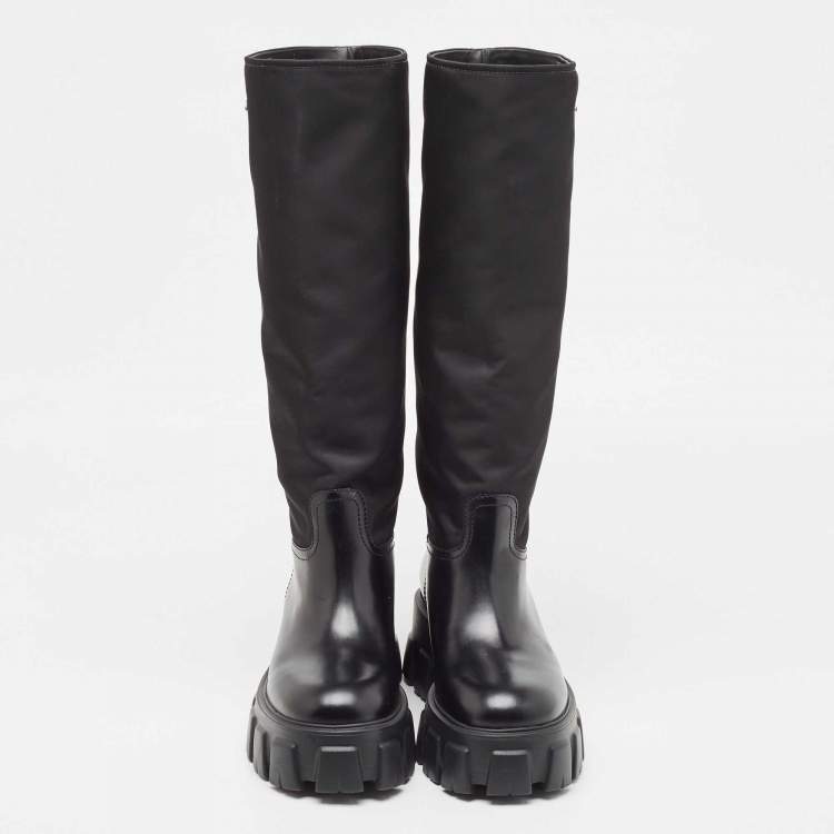 Pre Owned Prada Black Leather and  Nylon Monolith Boots Size 38