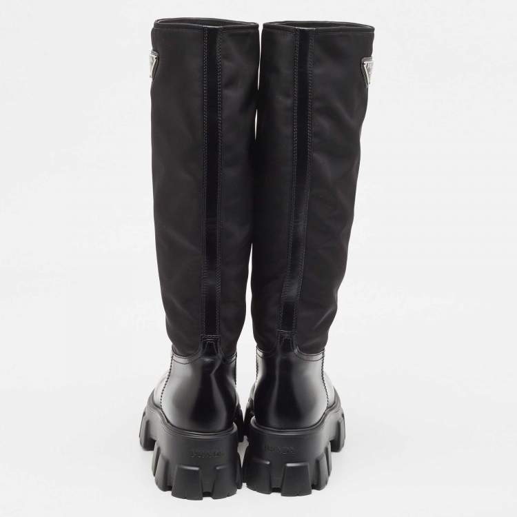 Pre Owned Prada Black Leather and  Nylon Monolith Boots Size 38