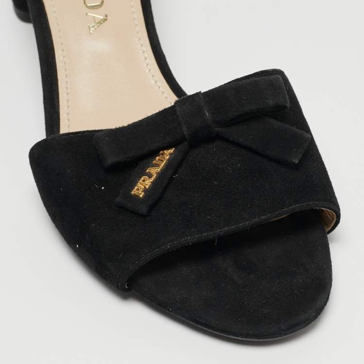 Pre Owned Prada Black Suede Bow Slide Sandals Size 35