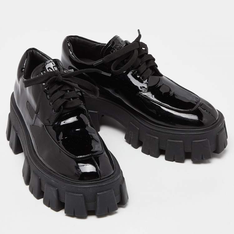 Pre Owned Prada Black Patent Leather Monolith Platform Derby Sneakers Size 36