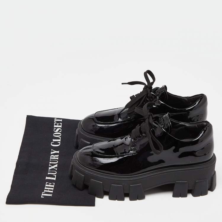 Pre Owned Prada Black Patent Leather Monolith Platform Derby Sneakers Size 36