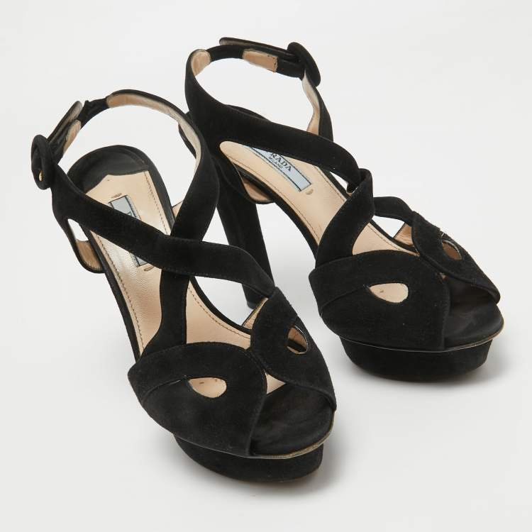 Pre Owned Prada Black Suede Platform Slingback Sandals Size 38