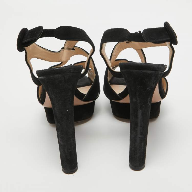 Pre Owned Prada Black Suede Platform Slingback Sandals Size 38