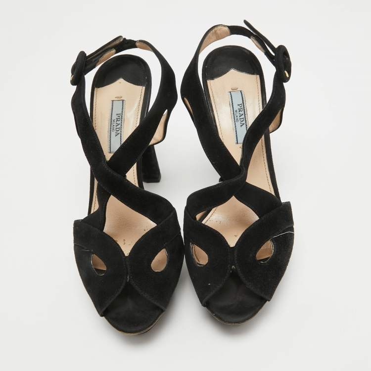 Pre Owned Prada Black Suede Platform Slingback Sandals Size 38