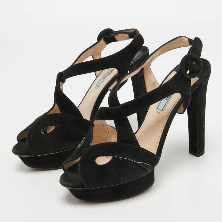 Pre Owned Prada Black Suede Platform Slingback Sandals Size 38