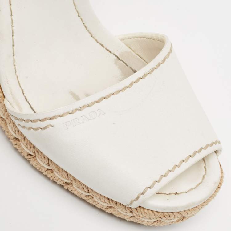 Pre Owned Prada White Leather Espadrille Platform Wedge Ankle Strap Sandals Size 40