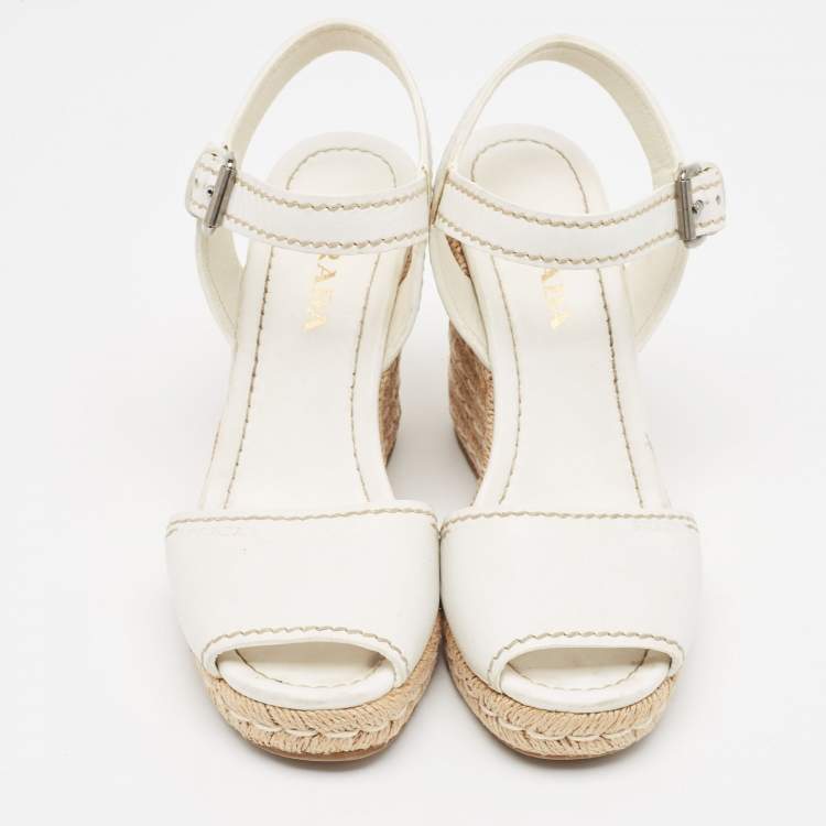 Pre Owned Prada White Leather Espadrille Platform Wedge Ankle Strap Sandals Size 40
