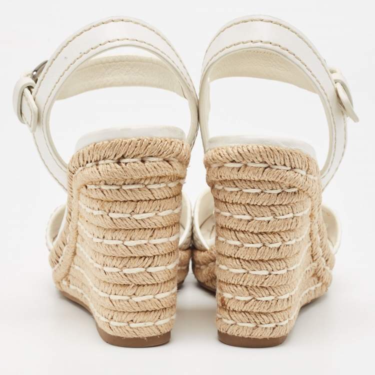 Pre Owned Prada White Leather Espadrille Platform Wedge Ankle Strap Sandals Size 40