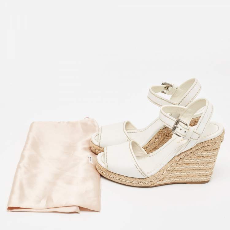 Pre Owned Prada White Leather Espadrille Platform Wedge Ankle Strap Sandals Size 40
