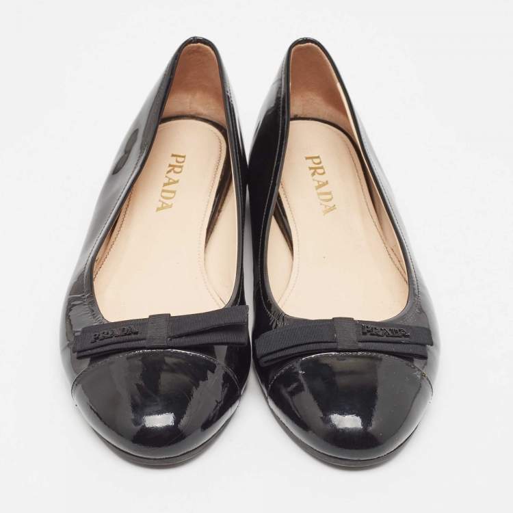 Pre Owned Prada Black Patent Bow Ballet Flats Size 37