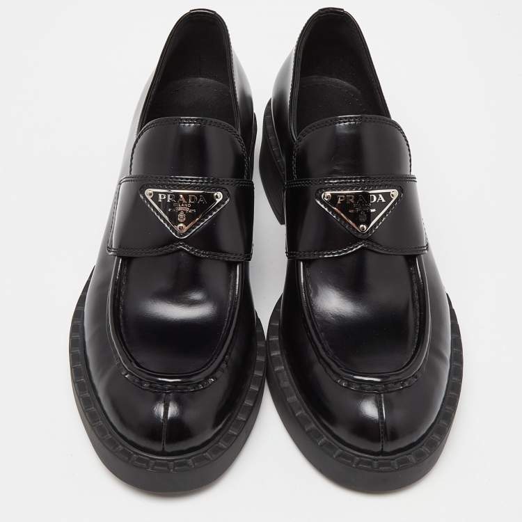 Pre Owned Prada Black Patent Leather Platform Loafers Size 36.5