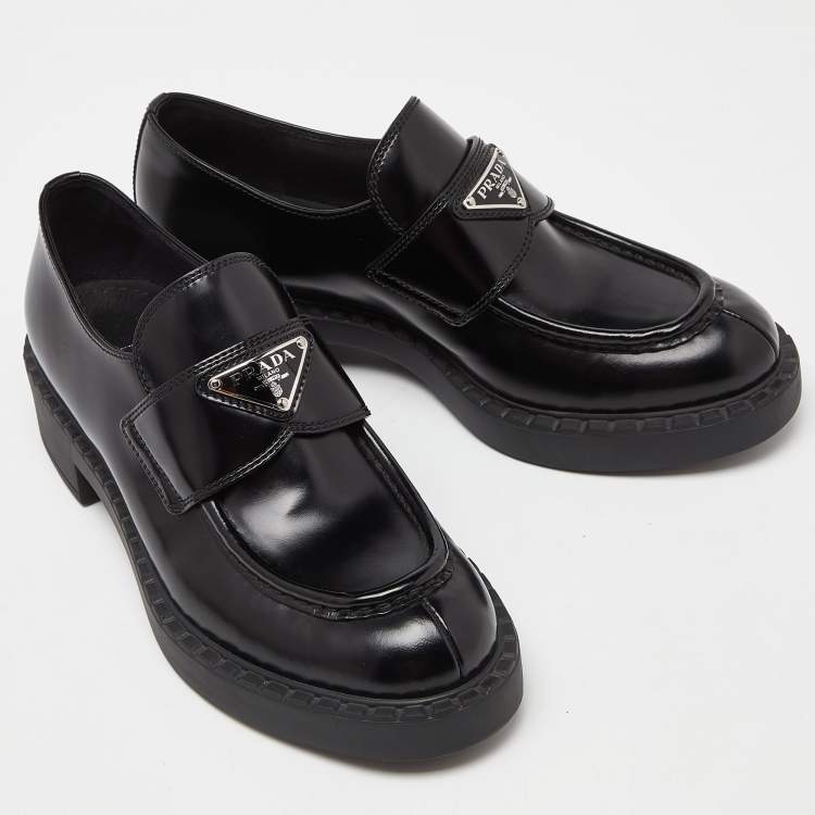 Pre Owned Prada Black Patent Leather Platform Loafers Size 36.5