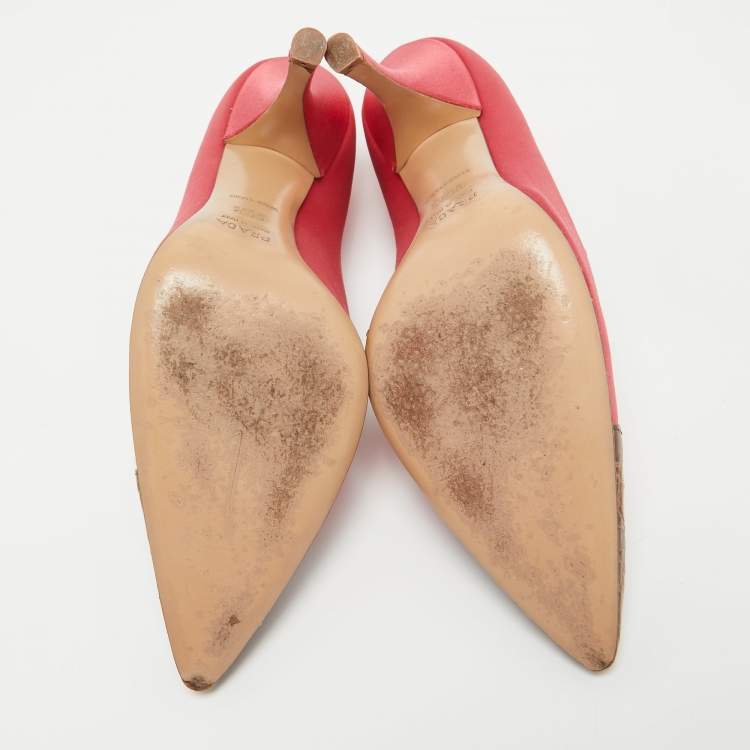 Pre Owned Prada Pink/Brown Satin and Croc Leather Cap Toe Pointed Toe Pumps Size 36.5