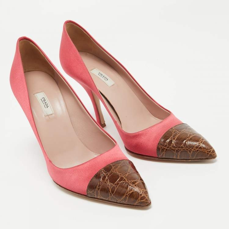Pre Owned Prada Pink/Brown Satin and Croc Leather Cap Toe Pointed Toe Pumps Size 36.5