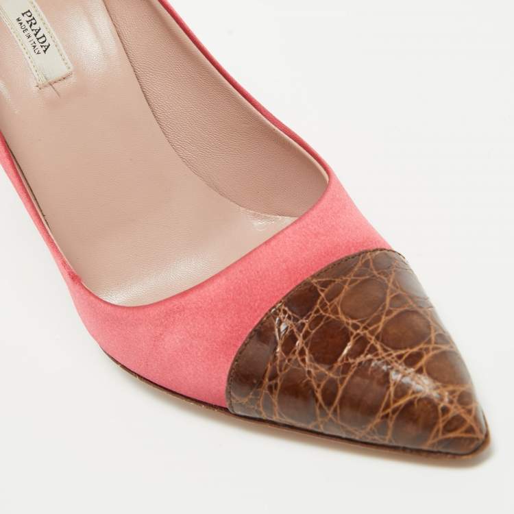 Pre Owned Prada Pink/Brown Satin and Croc Leather Cap Toe Pointed Toe Pumps Size 36.5
