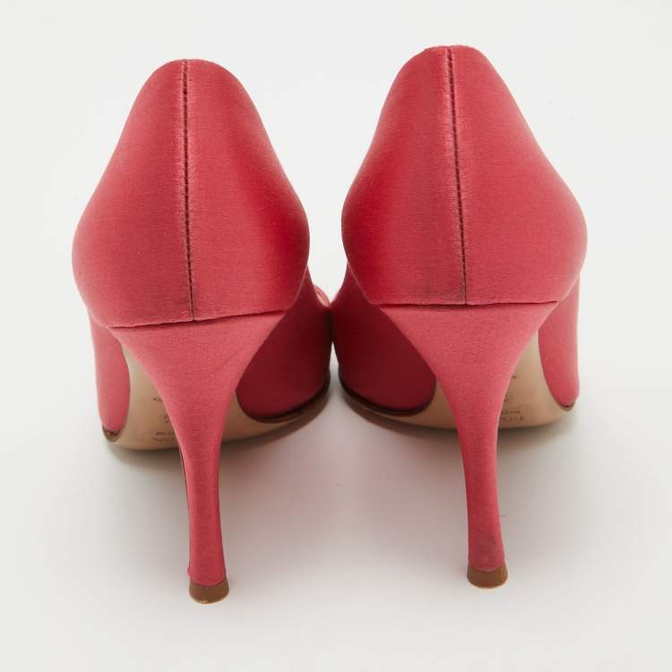 Pre Owned Prada Pink/Brown Satin and Croc Leather Cap Toe Pointed Toe Pumps Size 36.5